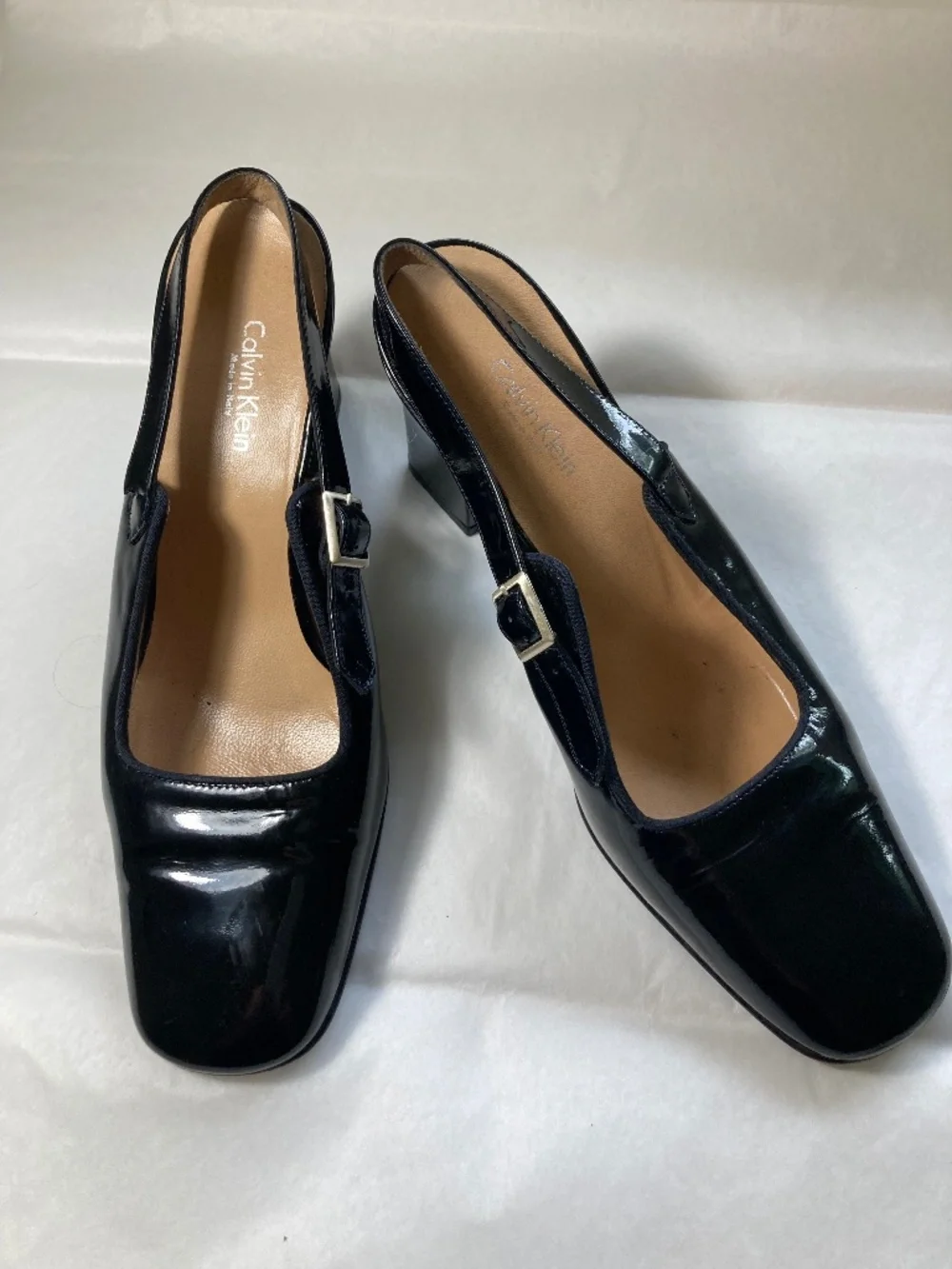 Calvin Klein S6 Slingback Patent Leather Block Heel Pumps - silver strap buckle